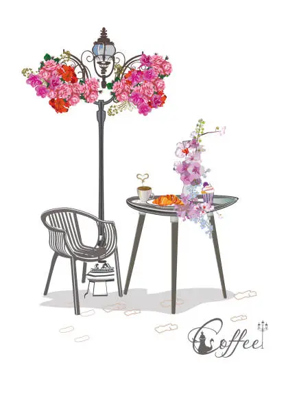 Vector illustration of Series of backgrounds decorated with flowers, old town views and street cafes. Cafe table and a chair.