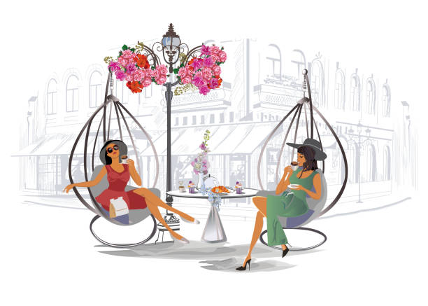 Beautiful women drinking coffee and sitting on the hommack chair. Fashion people in the restaurant. Street cafe in the old city. Girls drinking coffee at the table near the retro window. Hand drawn Vector Illustration. london fashion stock illustrations