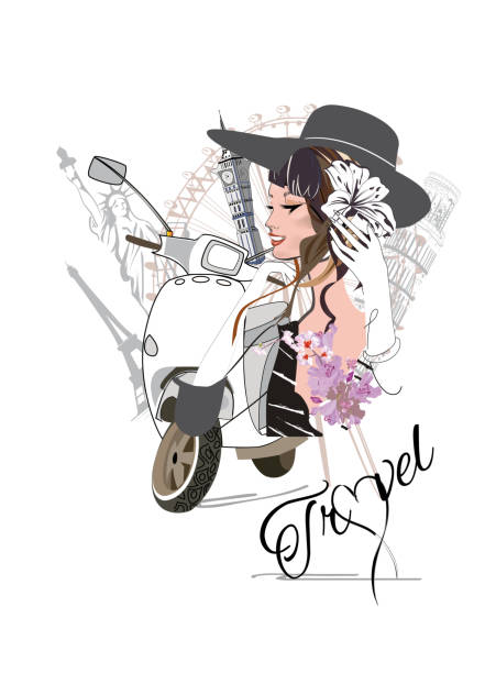 Design with a beatiful fashion woman travelling on the scooter with flowers around the world. Design with a beatiful fashion woman travelling on the scooter with flowers around the world. Hand drawn vector illustration. london fashion stock illustrations