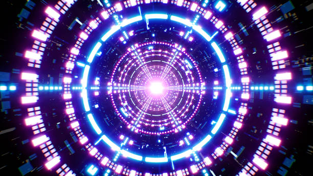 istock Shining Purple and Blue Colored Multiple Neon Light Futuristic Pattern Tunnel 1400621892