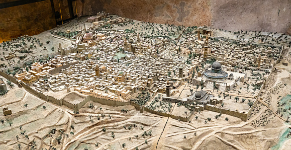 Jerusalem, Israel - October 12, 2017: Specimen model of ancient Holy City and Temple Mount exposed in Tower Of David citadel in Jerusalem