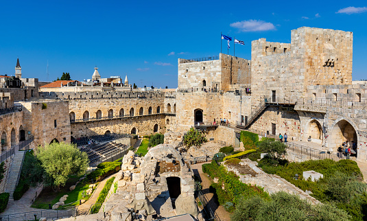 Jerusalem, Israel - October 12, 2017: Inner courtyard, walls and archeological excavation site of Tower Of David citadel stronghold in Jerusalem Old City