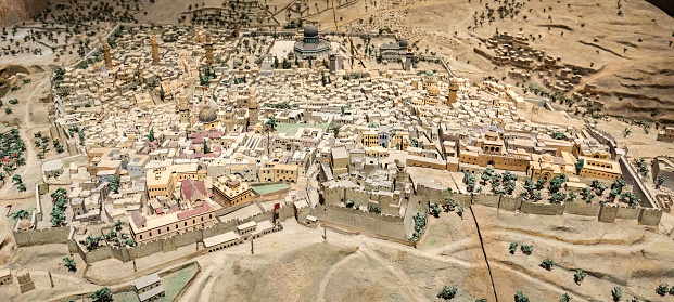 Jerusalem, Israel - October 12, 2017: Specimen model of ancient Holy City and Temple Mount exposed in Tower Of David citadel in Jerusalem
