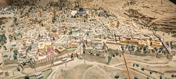 Model of ancient Holy City and Temple Mount in Tower Of David citadel in Jerusalem in Israel stock photo