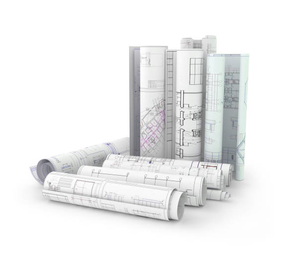 istock blueprins and construction plans in rolls isolated on white 3d illustrations 1400622356