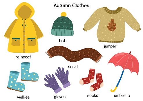 Autumn clothes set with raincoat, jumper, hat, wellies. Fall season outfit collection in cartoon stye. Vector illustration
