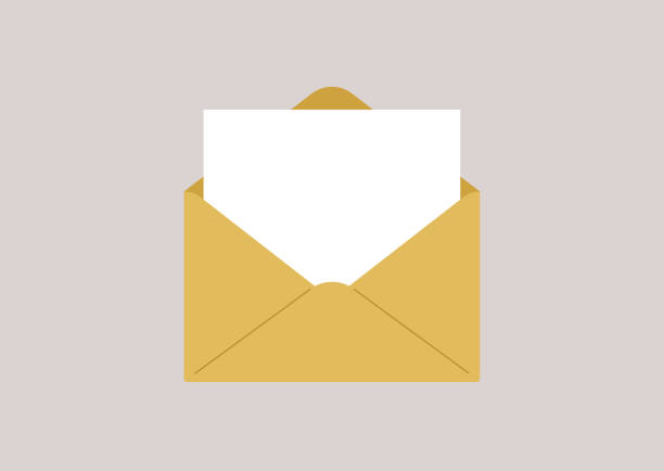 ilustrações de stock, clip art, desenhos animados e ícones de a blank sheet of white paper in a yellow envelope, a copy space template - letra maiúscula