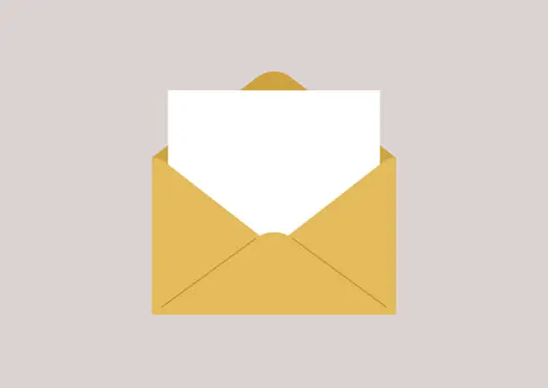 Vector illustration of A blank sheet of white paper in a yellow envelope, a copy space template