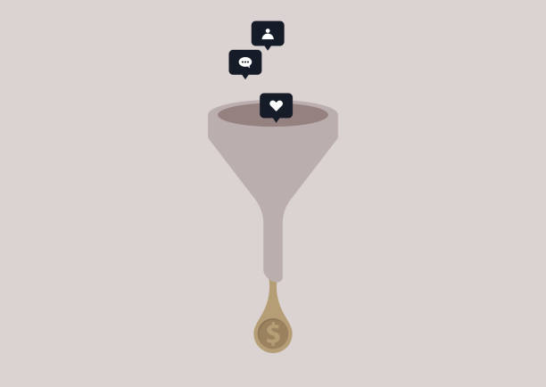 illustrations, cliparts, dessins animés et icônes de un entonnoir de monétisation des médias sociaux, un profit généré par l’engagement des utilisateurs, les goûts, les commentaires et les suivis - social networking computer icon symbol icon set