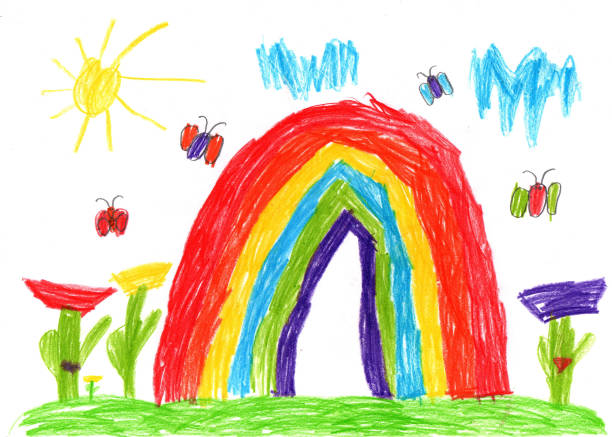 ภาพประกอบสต็อกที่เกี่ยวกับ “เด็กวาดผีเสื้อและดอกไม้ - childs drawing”