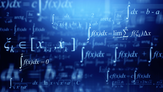 Math concept - Mathematical integral formulas on blue background. 3d rendering