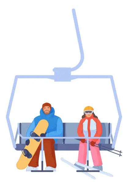 Vector illustration of People seating in funicular with winter sport equipment