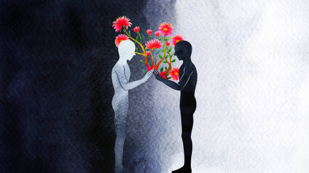 ludzki cień czarny biały połączyć wszechświat duchowy umysł ciało dusza kwiat uzdrawiający duch połączenie abstrakcyjna sztuka akwarela malarstwo ilustracja cyfrowy kolaż surrealistyczny inspirujący imagine design - therapy psychiatrist couple alternative therapy stock illustrations