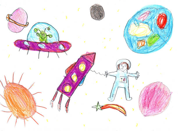 Children drawing space planet rocket Hand drawn flight of the rocket and astronaut with alien in the universe and the space planets. Pencil art in childish style. childs drawing stock illustrations