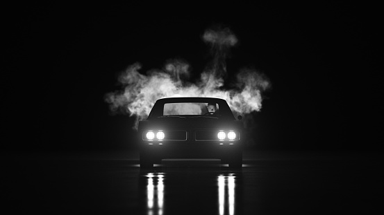 Black Muscle Car Vintage Car 1940s Black and White Noir 1960s Style Smoke 3d illustration render