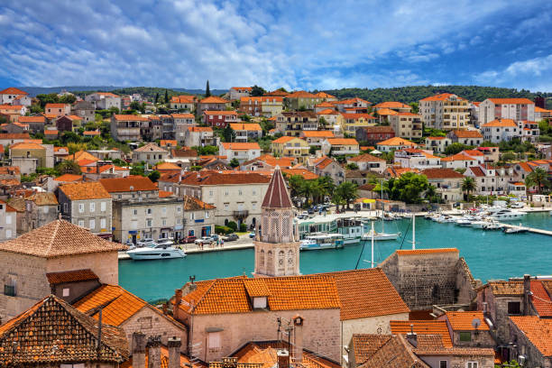 Trogir, Croatia, town panoramic view, Croatian tourist destination. stock photo