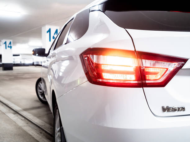 Moscow. Russia. September 15, 2021. Selective focus on the tail lamp of a Lada Vesta SW car. Lada Vesta SW is a modern beautiful Russian car.