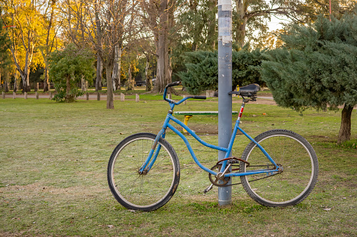 Very deteriorated old bicycle chained to a post in a public park to prevent its theft