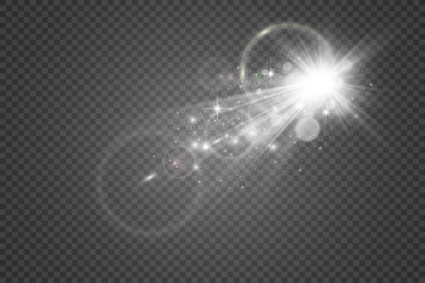 istock Special lens flash, light effect. The flash flashes rays and searchlight. illust.White glowing light. Beautiful star Light from the rays. The sun is backlit. Bright beautiful star. Sunlight. Glare. 1400636297