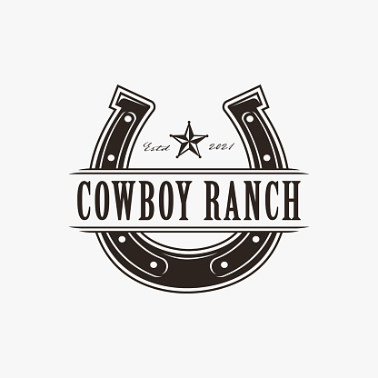 Vintage western stamp label horseshoe cowboy ranch logo vector on white background