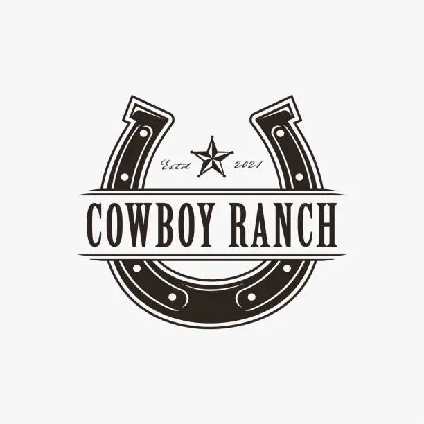 Vector illustration of Vintage western stamp label horseshoe cowboy ranch logo vector on white background
