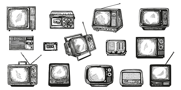 Set retro engraved device isolated on white background. Vintage television, radio and music cassette in hand drawn style. Sketch media equipment. Vector design for poster, print, book illustration.