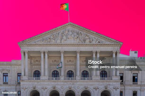 Front Facade Of The Upper Part Of The Assembly Of The Republic Palácio De São Bento City Of Lisbon Pink Sky Background Stock Photo - Download Image Now