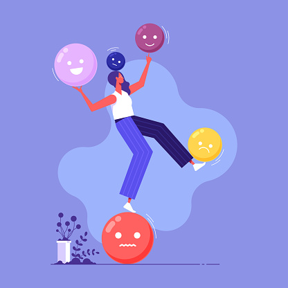 Emotional balance vector concept, female cartoon character standing balancing on emotional icon illustration, Potential, motivation and aspiration, mental health