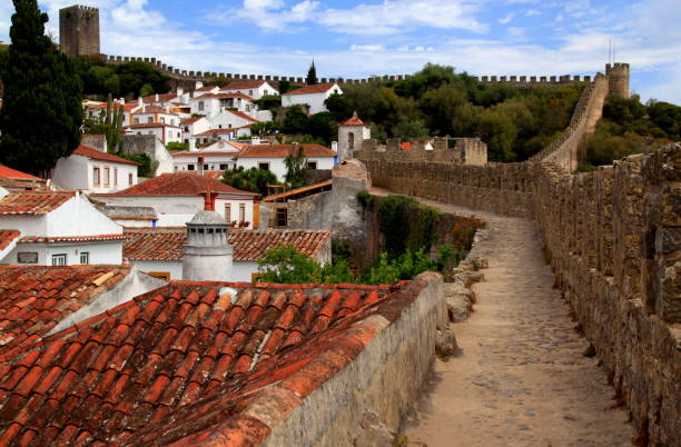 View of the historic part of the town of Obidos, Portugal White houses with red roofs and exotic trees surrounded by the walls of the Castle of Obidos obidos photos stock pictures, royalty-free photos & images