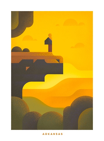 Simple minimalistic travel posters with grain effect. National parks of the USA and landmarks. Road trip. Arkansas.