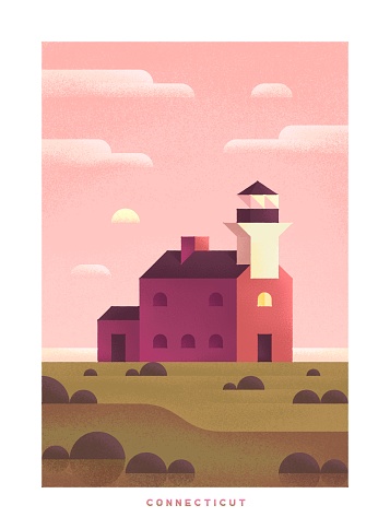 Simple minimalistic travel posters with grain effect. National parks of the USA and landmarks. Road trip. Connecticut.