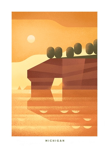 Simple minimalistic travel posters with grain effect. National parks of the USA and landmarks. Road trip. Michigan.