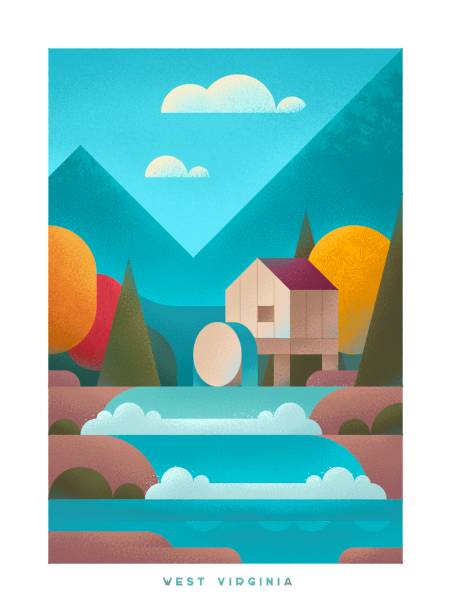 Simple minimalistic travel posters with grain effect. National parks of the USA and landmarks. Road trip. West Virginia.