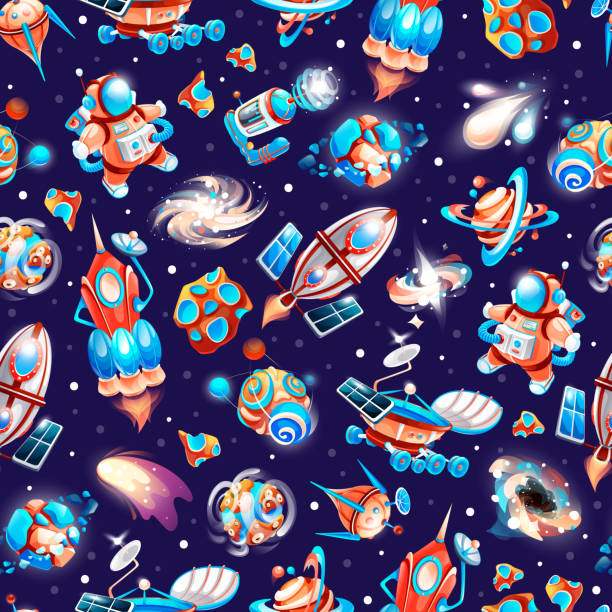 Seamless pattern with spaca or cosmos background, gaming icons in cartoon style at galaxy background Seamless pattern with space theme. Cartoon space icons at cosmos background. Space elements with cosmonaut, planet, asteroid, black hole, spaceship, satellite at galaxy background. Icons for game astronaut designs stock illustrations