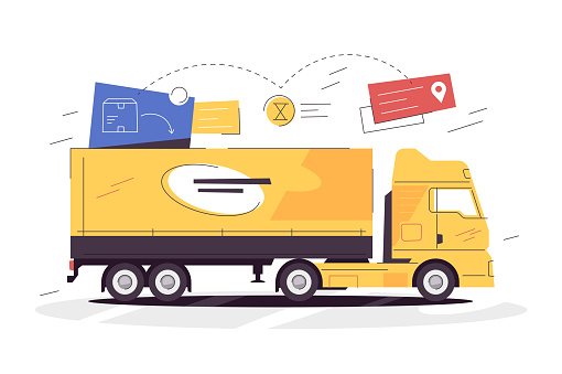 Cargo truck deliver cargo order to its destination vector illustration. Yellow truck loaded with boxes flat style. Delivery service concept