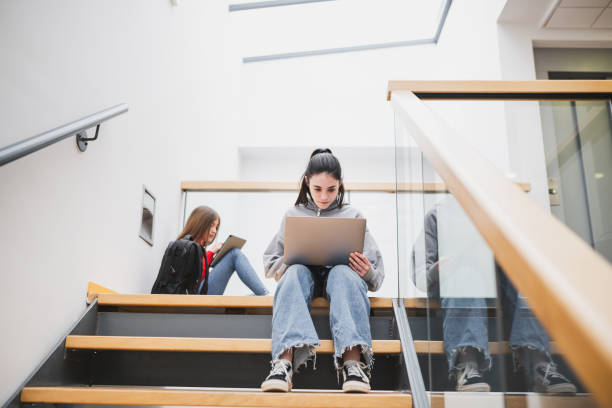 Girl sitting on the high school stairs studing with laptop. stock photo