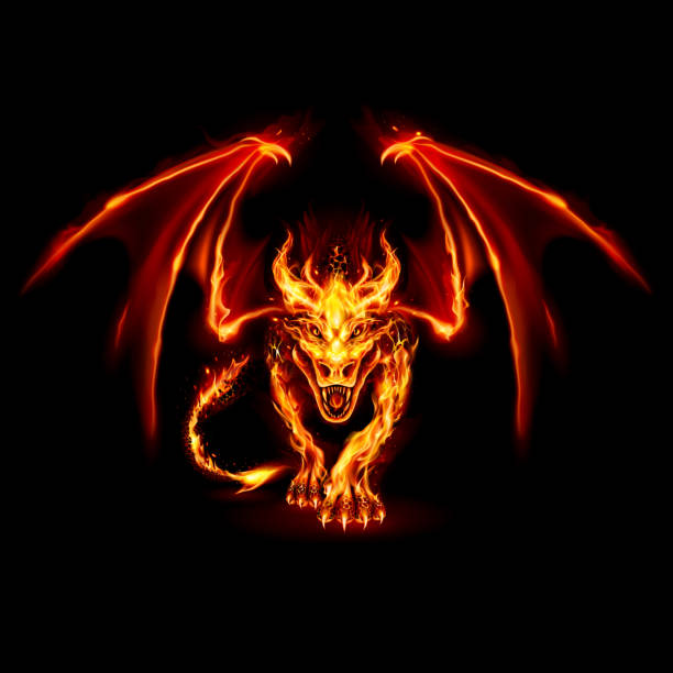 Fire Dragon Abstract Illustration of Infuriated Dragon with Fire Flames in Red Color on Black Background for Design demon fictional character stock illustrations