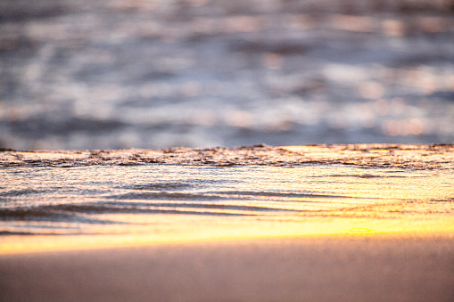Golden light shining on wet sand after a wave retreats back into the ocean on the beach