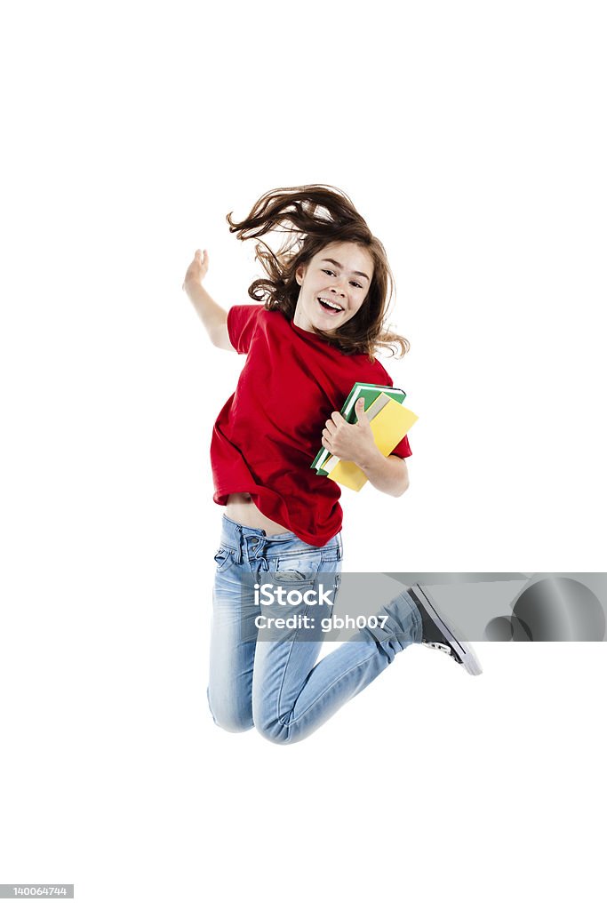 Menina pulando isolado no fundo branco - Foto de stock de Livro royalty-free