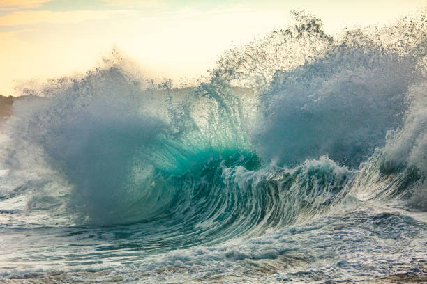 istock Powerful storm generated ocean swell exploding on the shoreline with soft golden sky 1400648299