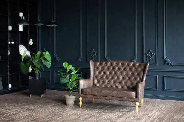 istock Spacious classic style room has sofa. Elegant minimalist living room interior in retro style with Brown couch in dark room. Sofa and large green house plants in potted on wooden floor. 1400649471