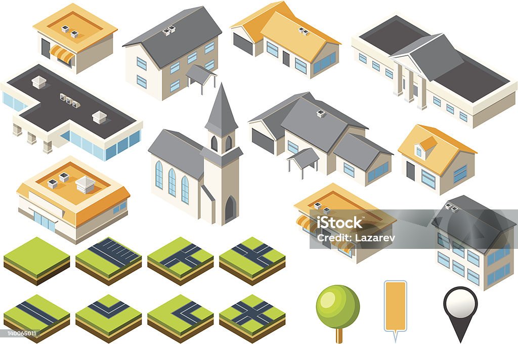 kit de ville Isométrique communauté de la banlieue - clipart vectoriel de Église libre de droits