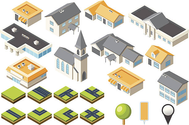 Suburban community isometric city kit Suburban community isometric city kit small town main street stock illustrations