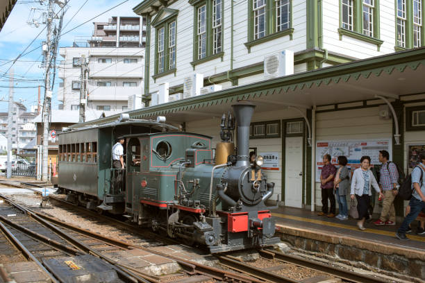 Matsuyama, Japan - September 28, 2019: Sightseeing train called Botchan Ressha operated by Iyotetsu Railway in Dogo Onsen Tram Station.