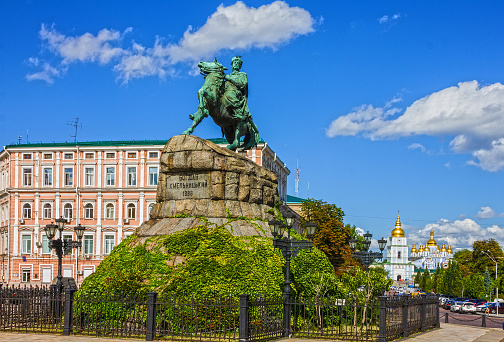 Kiev, Ukraine - May 13, 2022: Monument to Bogdan Khmelnytsky. The monument dedicated to Bohdan Khmelnytsky, the first Hetman of Zaporizhian Host. It was built in 1888 - it is one of the oldest sculptural monuments, a dominating feature of Sophia Square and one of the city's symbols. The initial monument created by Mikhail Mikeshin.