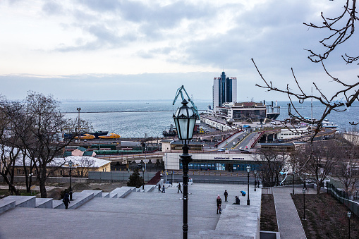 Odessa, Ukraine - Jan 6, 2022: Odessa passenger terminal in sea port in winter