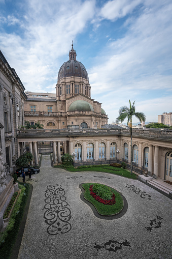 Porto Alegre, Brazil - May 10, 2019: Piratini Palace Courtyard and Porto Alegre Metropolitan Cathedral - Porto Alegre, Rio Grande do Sul, Brazil