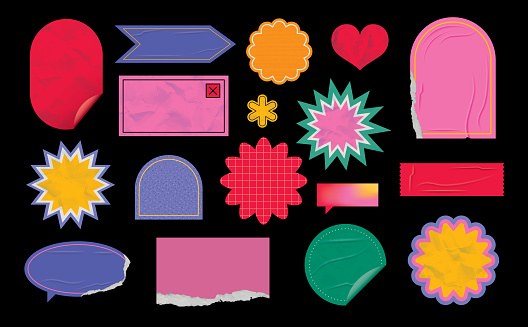Mockups of glued, crumpled, wrinkled and torn stickers on black background. Editable vectors on layers. This image includes gradient meshes and transparencies.