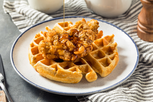 Homemade Chicken and Waffles with Syrup and Butter