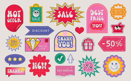 Glued, crumpled, wrinkled and textured sale stickers and labels. Editable vectors on layers. This image includes gradient meshes and transparencies.